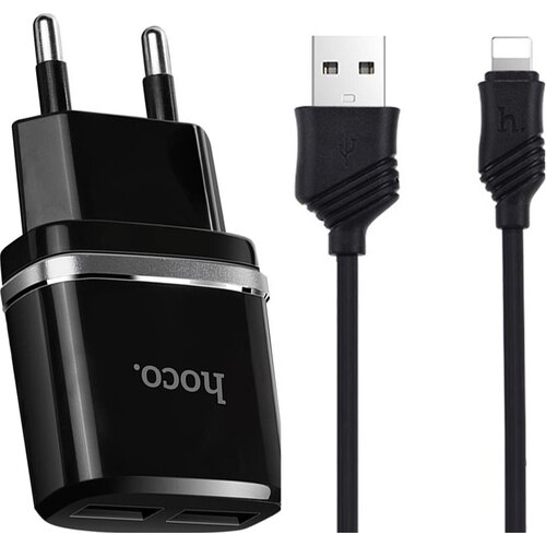 Сетевое зарядное устройство USB Hoco C12 (2порта/2A) + кабель Lightning черный