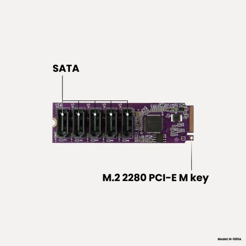 Изображение товара Адаптер-переходник (плата расширения) с M.2 2280 PCI-E 3.0 x2 (M key) на 5 портов SATA Gen3 (6 Гбит/с), NFHK N-585A