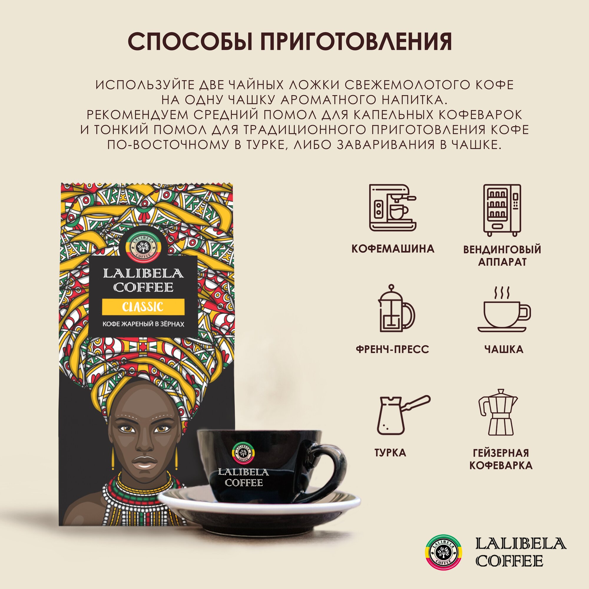 Кофе в зернах 1 кг LALIBELA COFFEE CLASSIC, арабика/робуста, средняя обжарка — фото 1