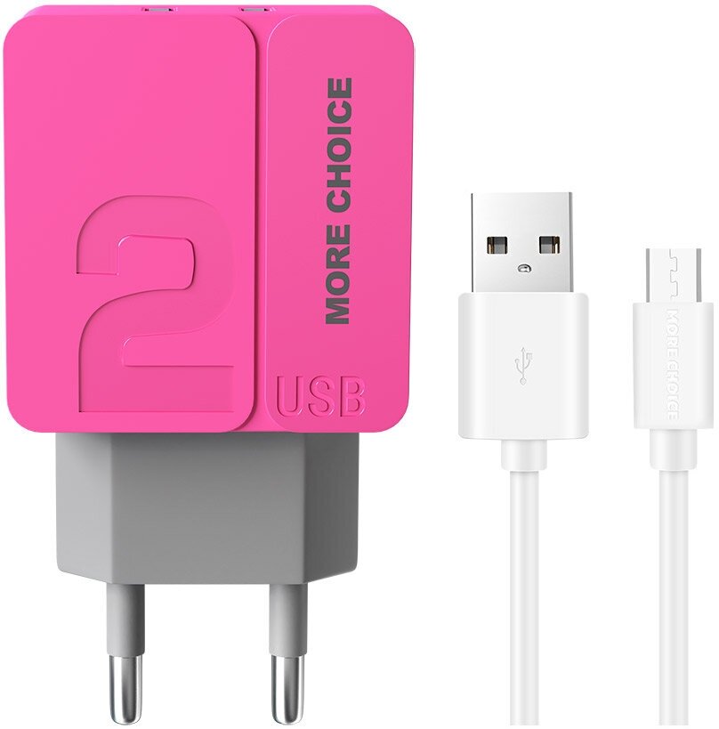 Сетевое зарядное устройство 2USB 2.4A для micro USB More choice NC46m 1м Pink