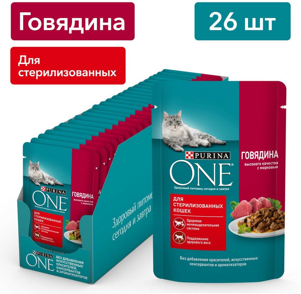 Влажный корм Purina ONE для стерилизованных кошек, с говядиной и морковью, Пауч, 75 г - фотография № 1