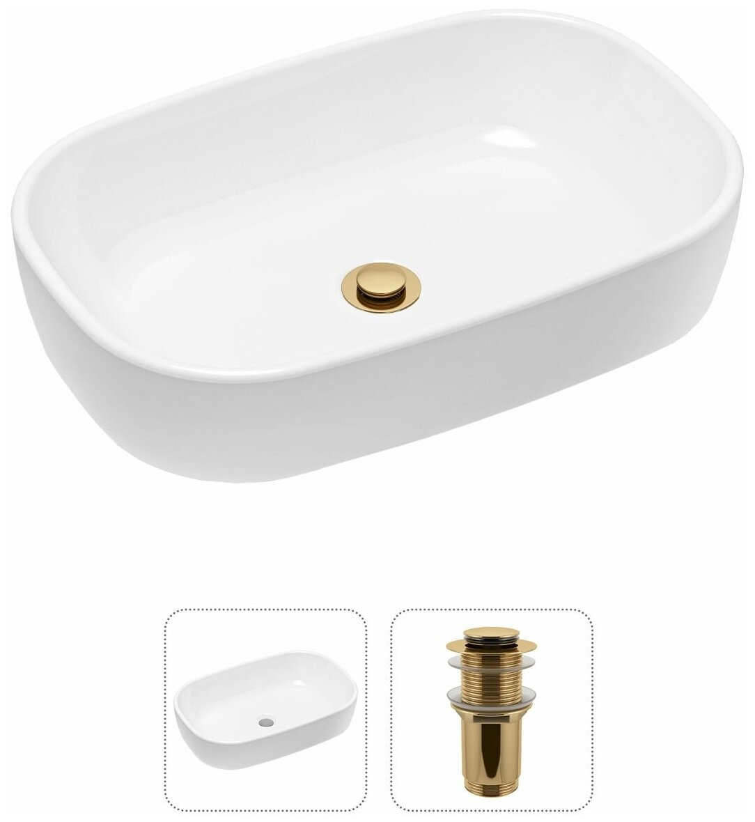 Накладная раковина в ванную Lavinia Boho Bathroom Sink 21520792 в комплекте 2 в 1: умывальник белый, донный клапан в цвете золото