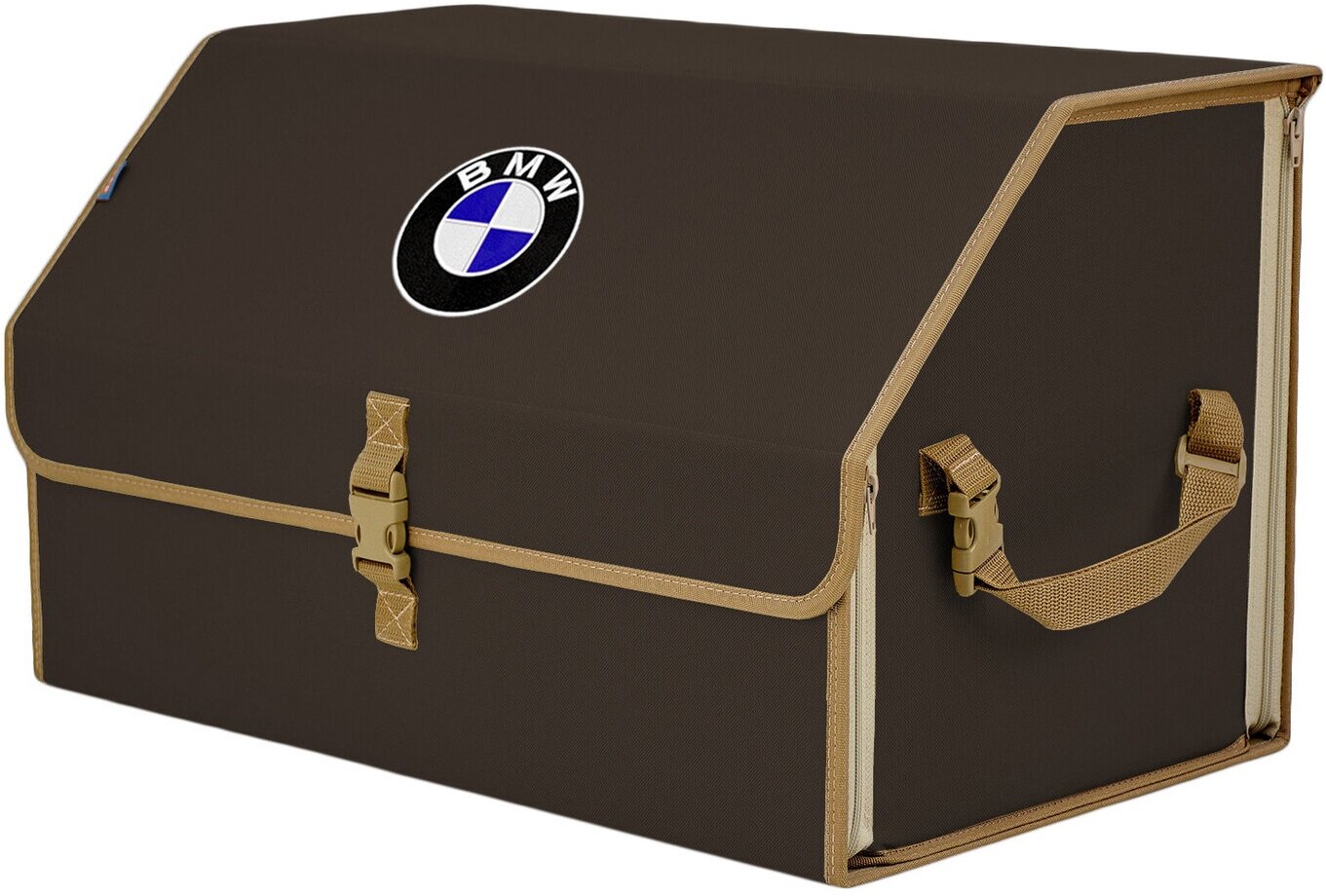 Органайзер-саквояж в багажник "Союз" (размер XL). Цвет: коричневый с бежевой окантовкой и вышивкой BMW (БМВ).