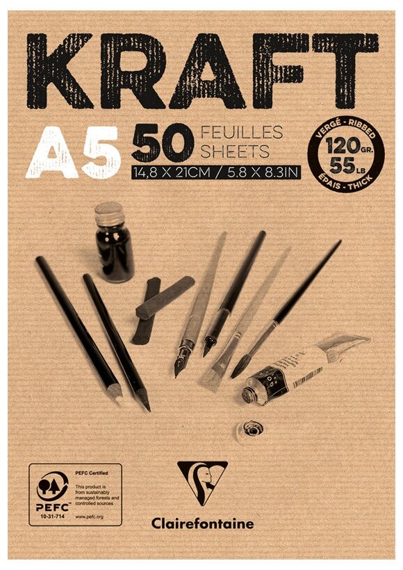 Clairefontaine Склейка для скетчей "Kraft", 50л. A5, 120г/м2, верже, крафт sela25