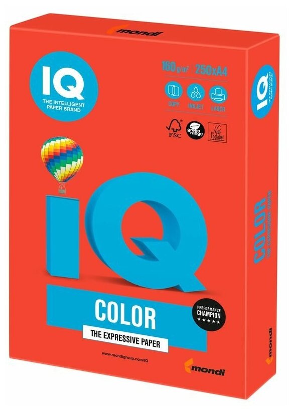 Бумага цветная А4 IQ Color интенсив кораллово-красная 160 г/кв. м 250 листов (CO44)