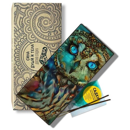 фото Доска садху для йоги с гвоздями, уф печать животные красочная сова филин - 1081 шаг 10мм woodart