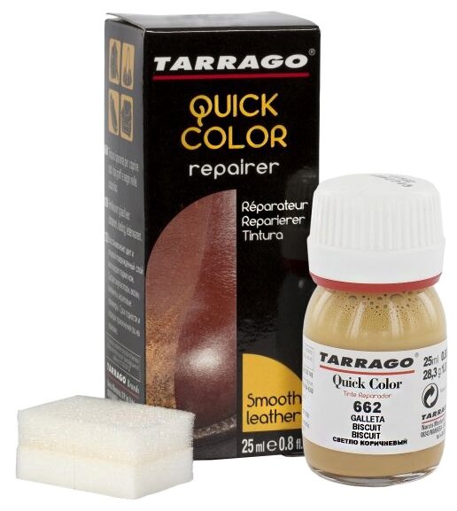 Крем-восстановитель для гладких кож Quick Color TARRAGO, флакон стекло, 25 мл. (662 (biscuit) светло-коричневый) - фотография № 1