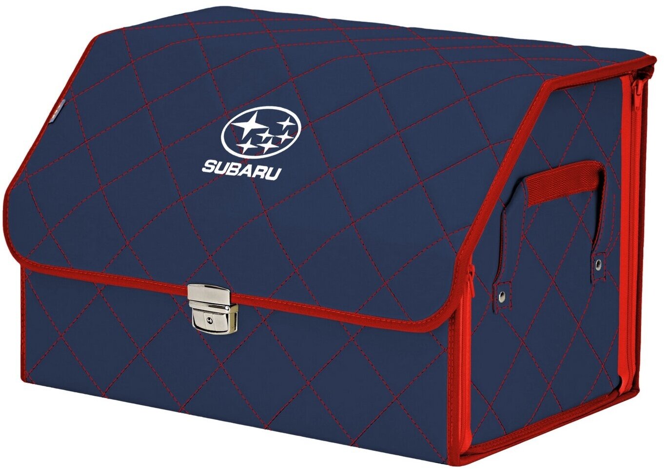 Органайзер-саквояж в багажник "Союз Премиум" (размер L). Цвет: синий с красной прострочкой Ромб и вышивкой Subaru (Субару).