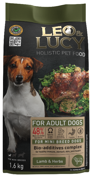 LEO&LUKY Сухой корм для собак мелких пород Holistic ягненок с травами и биодобавками, 1,6 кг