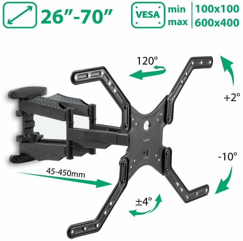 Кронштейн для телевизора на стену / крепление наклонно-поворотное VLK TRENTO-12 / до 70 дюймов / vesa 600x400