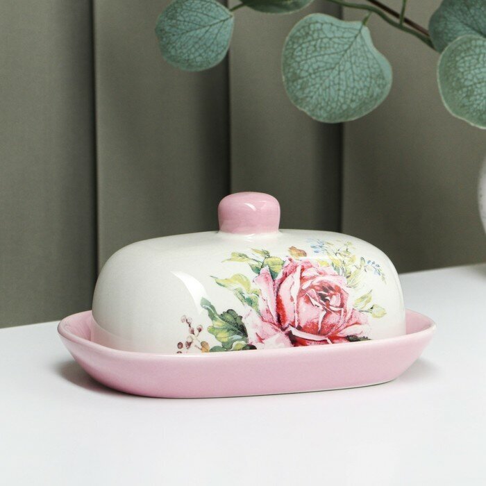 Маслёнка Доляна «Роза», 17,2×12,4×8,5 см, цвет розовый и белый