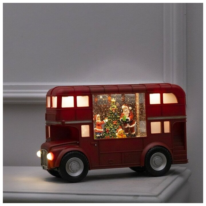Фигура светодиодная автобус "Дед Мороз и ребенок", 30x18x10 см, USB, музыка, Т/белый