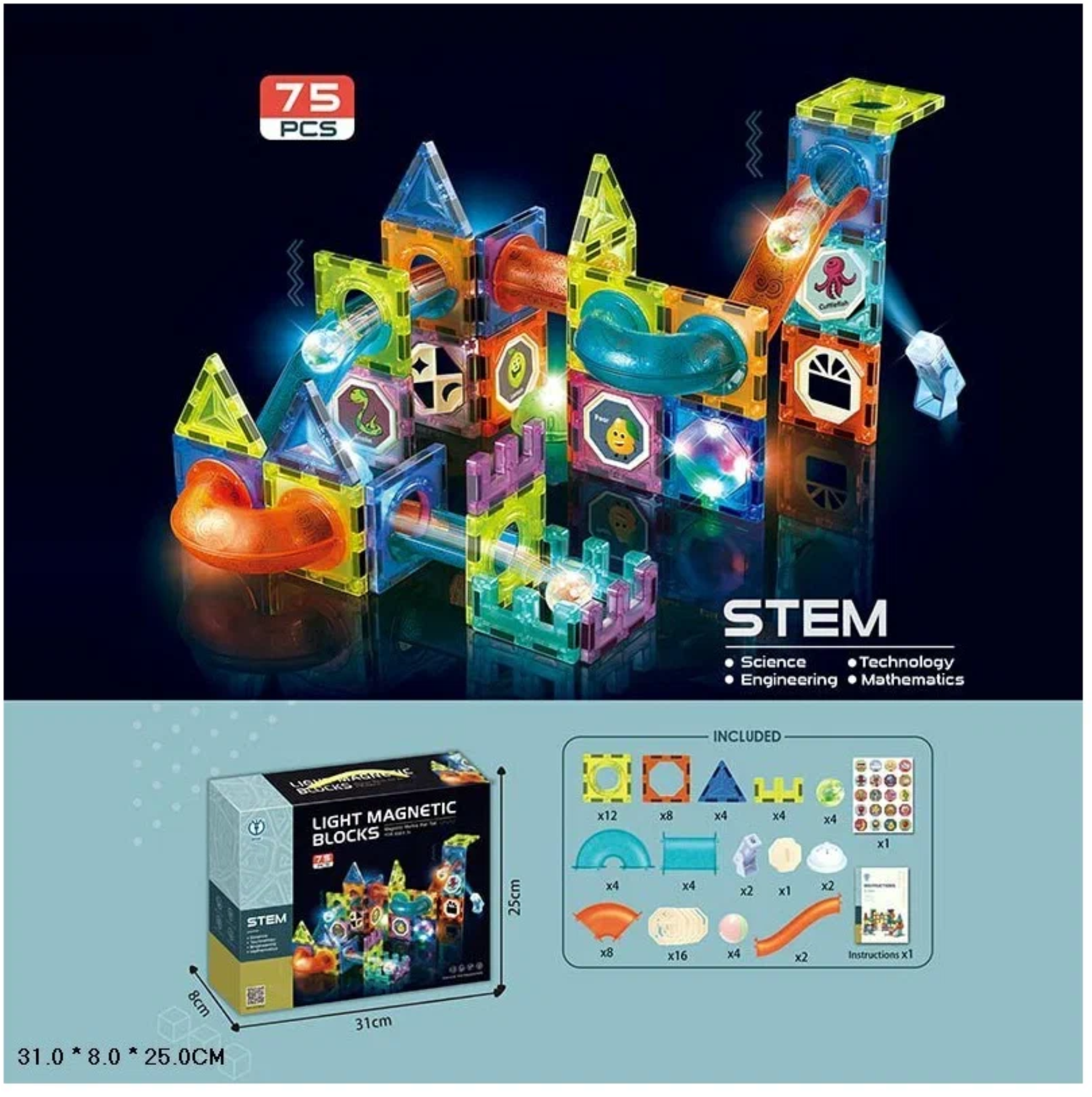 Конструктор магнитный «Light Magnetic Blocks» со светом 2301 / 75 деталей — фото 1