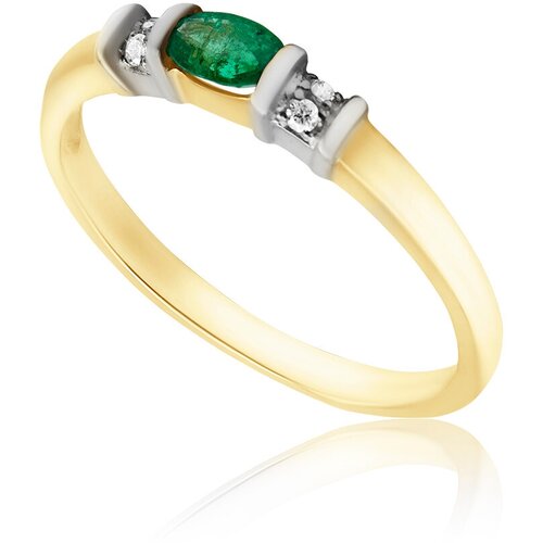 Кольцо помолвочное 1RBC, желтое золото, 585 проба, бриллиант, изумруд, размер 17.5, бесцветный, зеленый