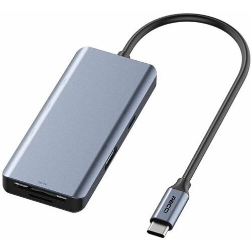 Хаб Recci RH07 7 в 1 Type-C to USB3.0, 2xUSB2.0, HDMI, PD, SD+TF, серый