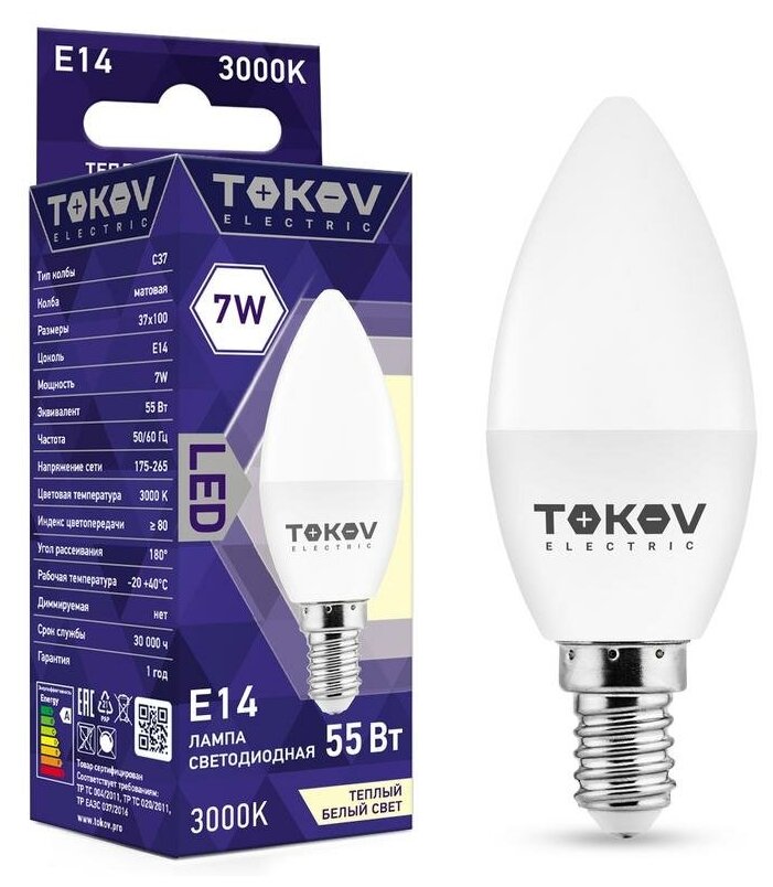 Лампа светодиодная 7Вт С37 3000К Е14 176-264В TKE-C37-E14-7-3K TOKOV ELECTRIC