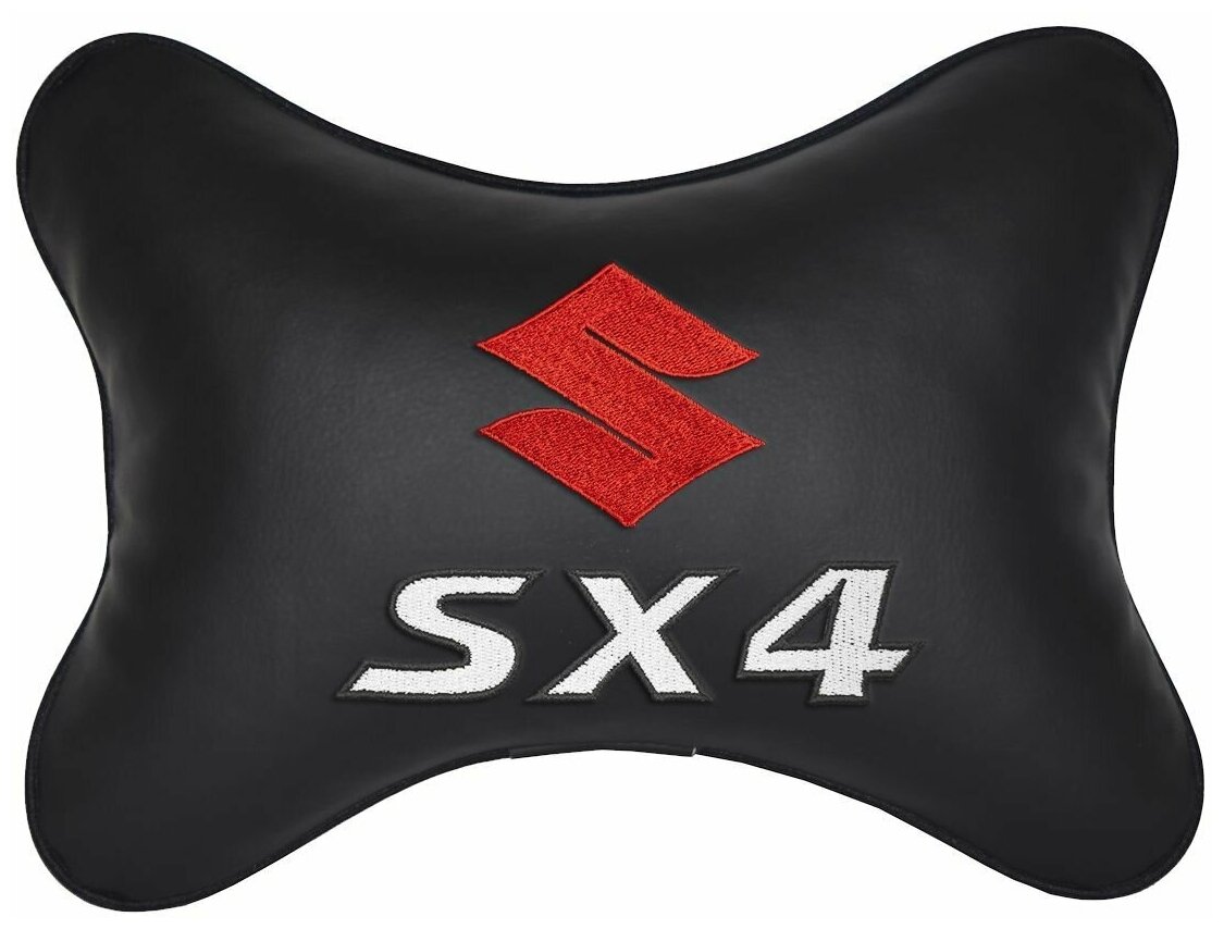 Автомобильная подушка на подголовник экокожа Black с логотипом автомобиля SUZUKI SX-4