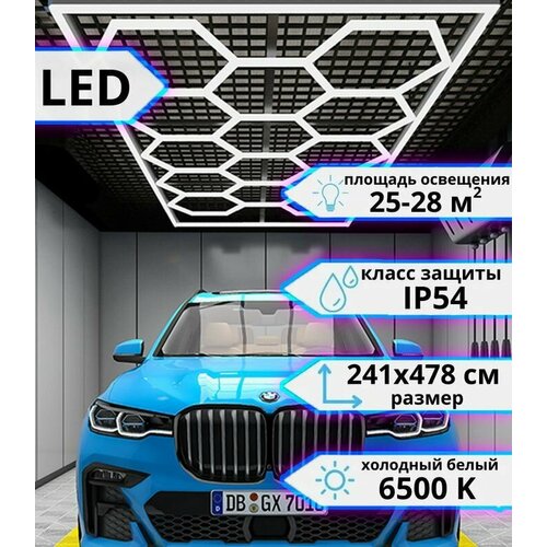 Модульное светодиодное освещение соты 730 W/ 220V - комплект 2450х4850 мм. / KAEF. Light/ Светильник для детейлинга, для автомойки, для автосалона, для гаража, для барбершопа, для автосервиса, для мастерской, для шоурума IP64