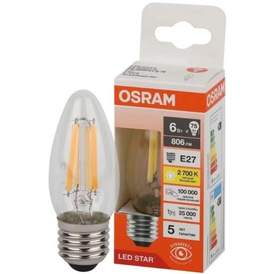 Светодиодная лампа Ledvance-osram Osram LED STAR CL B75 6W/827 220-240V FIL CL E27 806lm