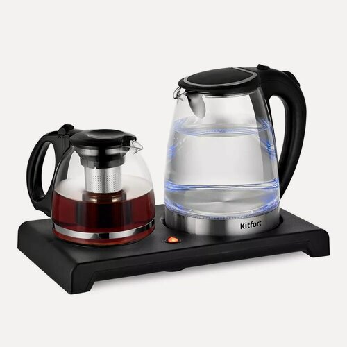 Изображение товара Набор чайный Kitfort KT-6180, 1500 Вт, 2 л чайник и 1.2 л заварочный кувшин с фильтром, подставка с подогревом заварочного кувшина, черный