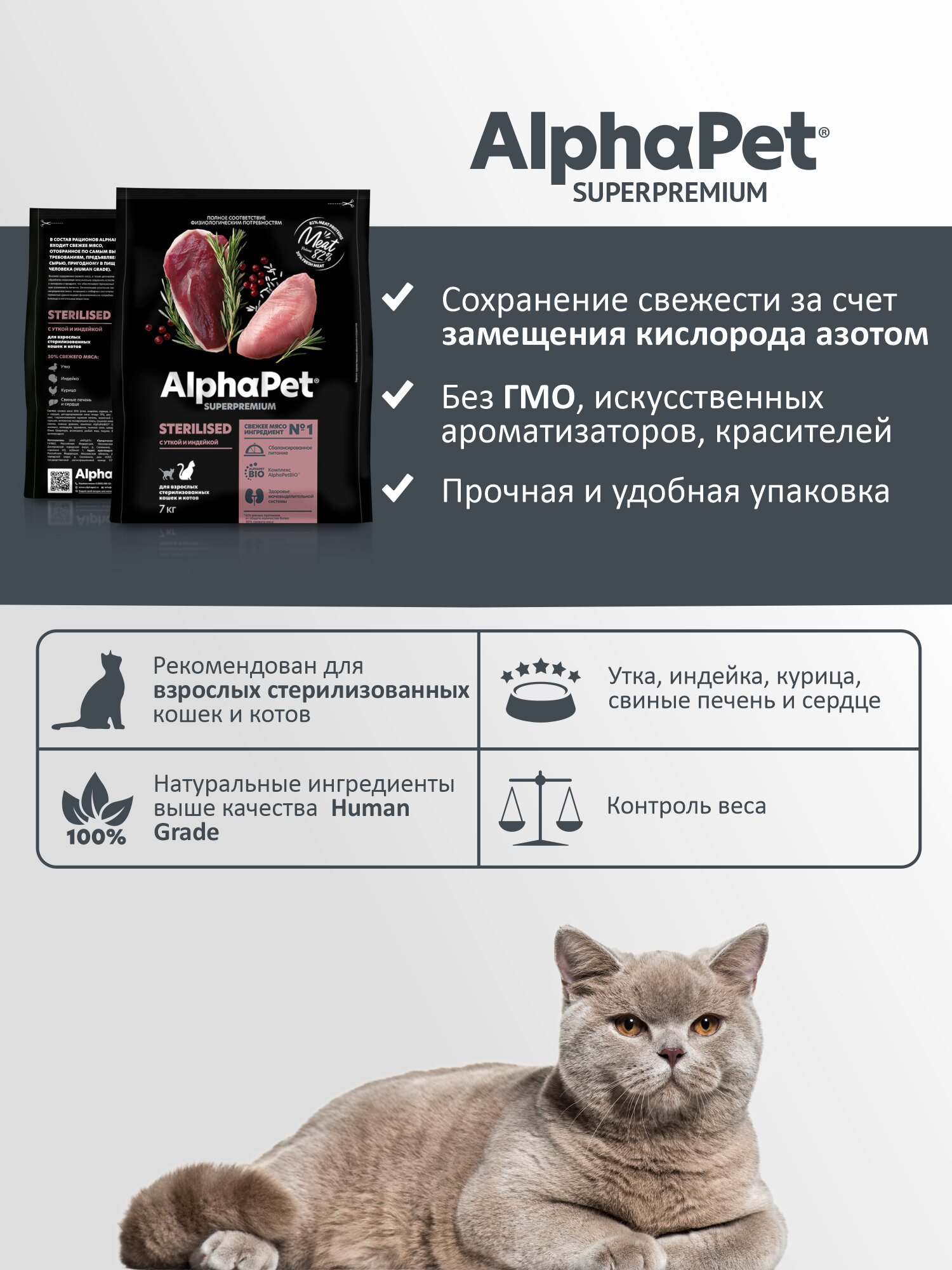 Сухой полнорационный корм с уткой и индейкой для взрослых стерилизованных кошек и котов AlphaPet Superpremium 7 кг — фото 1