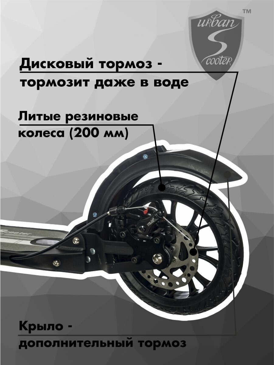 Самокат Urban Scooter Disc Black, (2024), с дисковым тормозом, складной, городской, двухколесный — фото 1