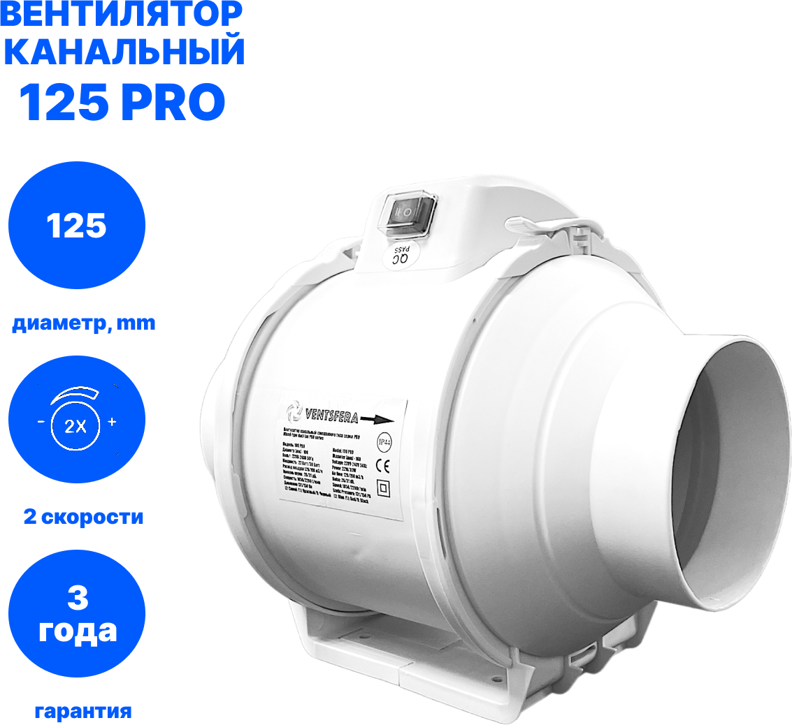 Вентилятор канальный D125, VENTSFERA PRO 125 двухскоростной осевой канальный вентилятор + кнопка на корпусе для переключения скоростей - фотография № 1