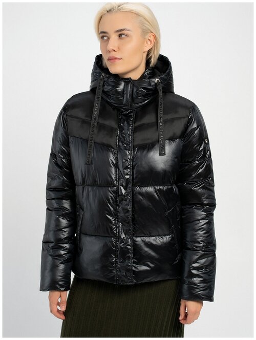 Куртка  Taifun, женская, демисезон/зима, укороченная, силуэт прямой, стеганая, карманы, капюшон, регулируемый капюшон, размер L, черный