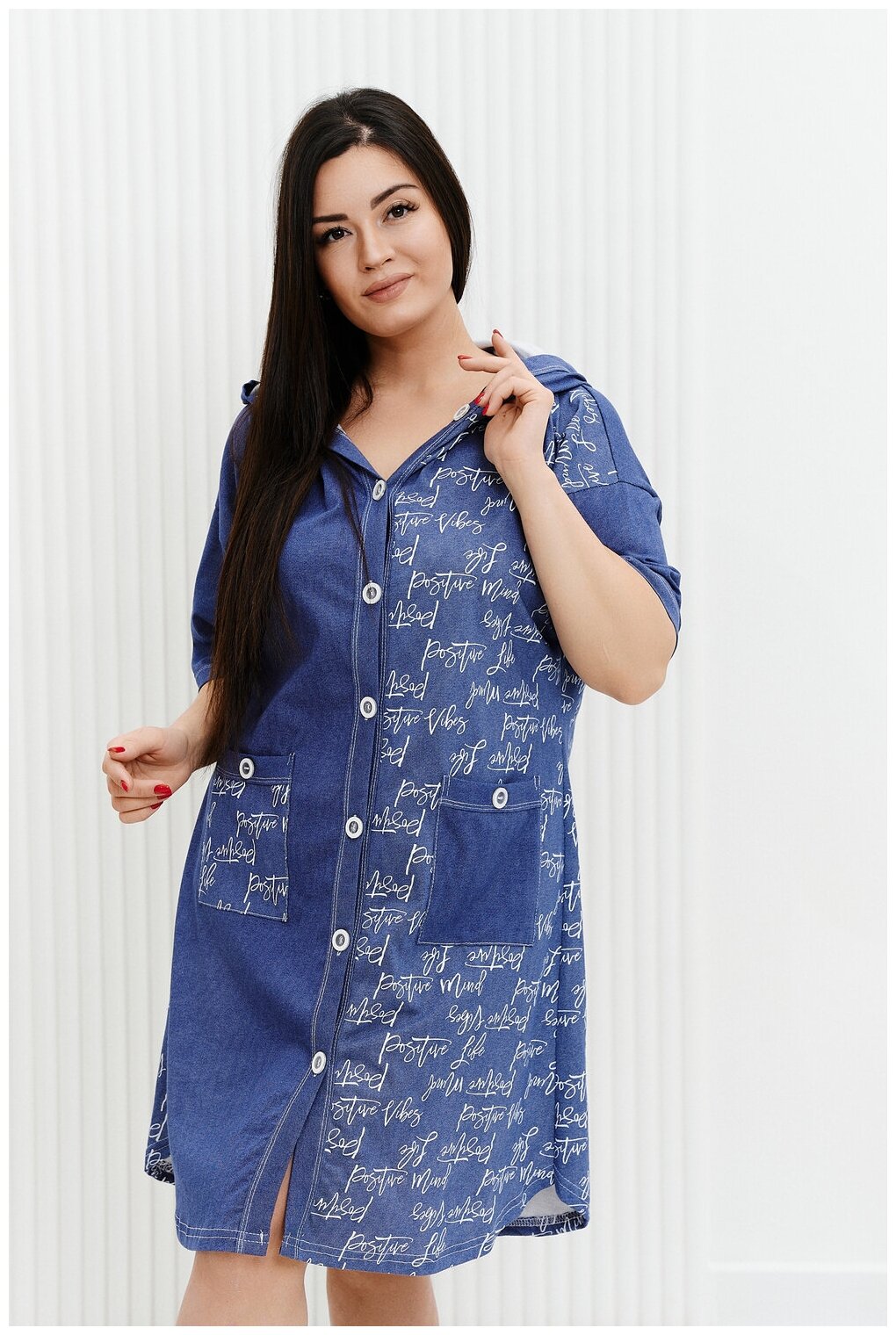 Халат Натали средней длины, укороченный рукав, капюшон, карманы, трикотажная, размер 56, синий - фотография № 4