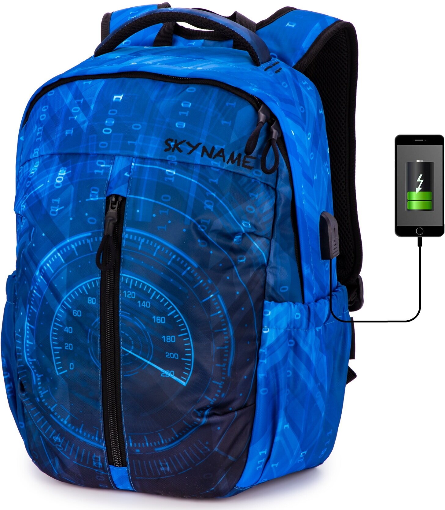 Рюкзак школьный для подростка, 20л, А4 для ноутбука, черный городской для мальчика, SkyName (СкайНейм), с анатомической спинкой и USB-слотом