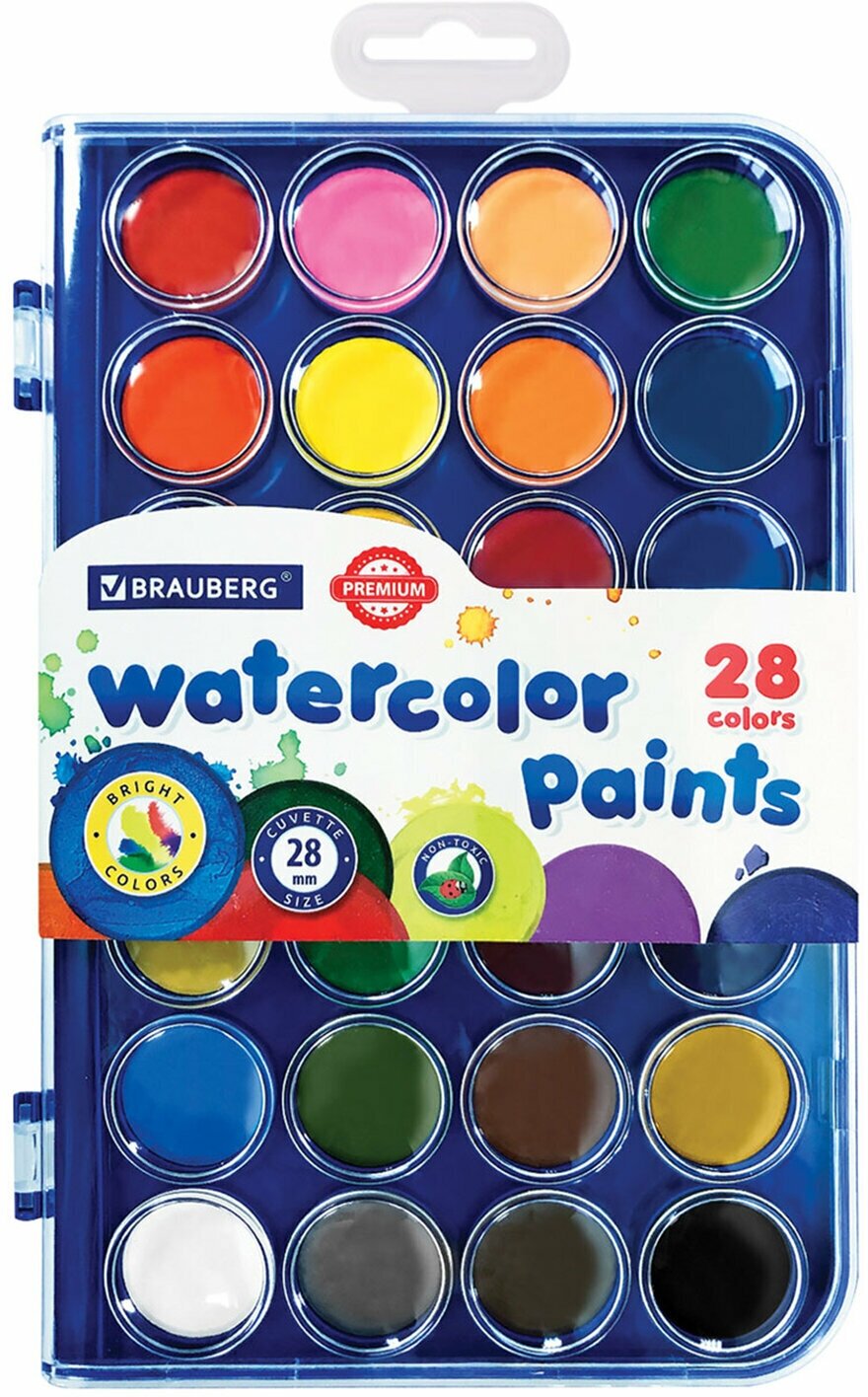 Краски акварельные для рисования сухие Brauberg Premium 28 цветов, круглые кюветы 28 мм
