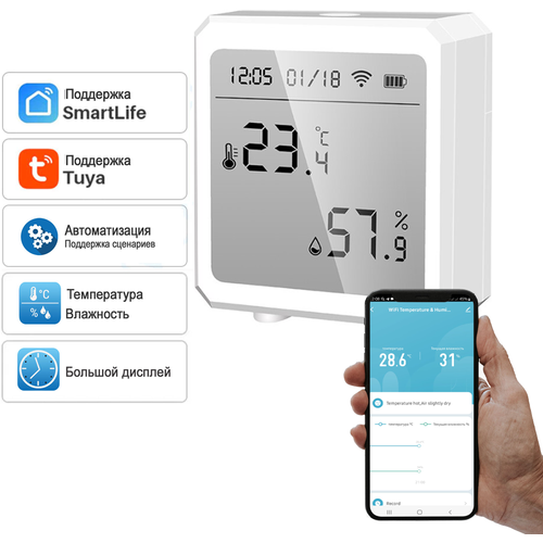 Умный Wi-Fi датчик температуры и влажности с дисплеем, для умного дома работает с Smart Life и Яндекс Алиса