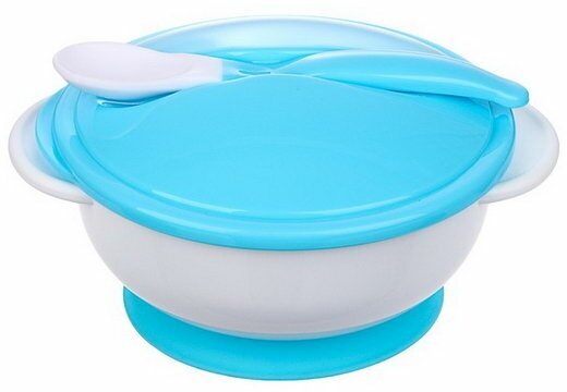 Набор детской посуды, 3 предмета: тарелка на присоске, крышка, ложка, цвет голубой