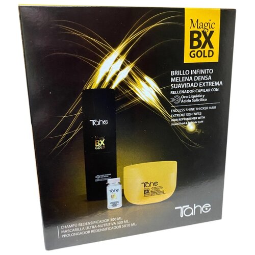 фото Tahe magic bx gold home care pack (magic bx gold thickening and ultra-nourishing shampoo 300 ml, magic bx thickening and ultra-nourishing mask 300 ml, magic bx gold thickening hair treatment prolong 5x10 ml) набор magic-bx gold home care ( шампунь для ультра-увлажнения и утолщения волос 300мл, маска для разглаживания волос 300 мл, сыворотка для увлажнения и утолщения волос 5х10 мл.)