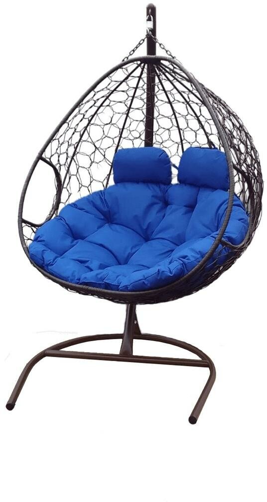 Подвесное кресло кокон с ротангом для двоих коричневое , подушка синяя
