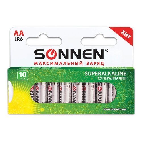 Батарейки SONNEN Super Alkaline, АА LR06, 15А, алкалиновые, 10 штук, в коробке 454231