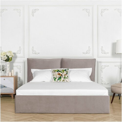 Кровать двуспальная с подъемным механизмом и ящиком для белья 180х200 серо-бежевая Эстетика