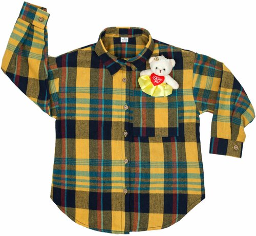 Школьная рубашка , прямой силуэт, на пуговицах, длинный рукав, карманыв клетку, размер 122-128, желтый