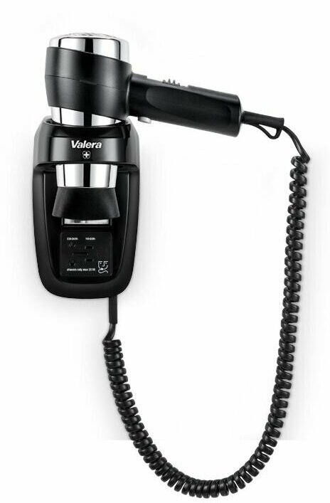 Фен настенный Valera Hospitality Action Super Plus 1600 Shaver (542.06/044.05 black/chrome), мощность 1600 Вт, безопасная кнопка включения/выключения, розетка для бритвы, настенный держатель, холодный воздух, концентратор, спиральный сетевой кабель