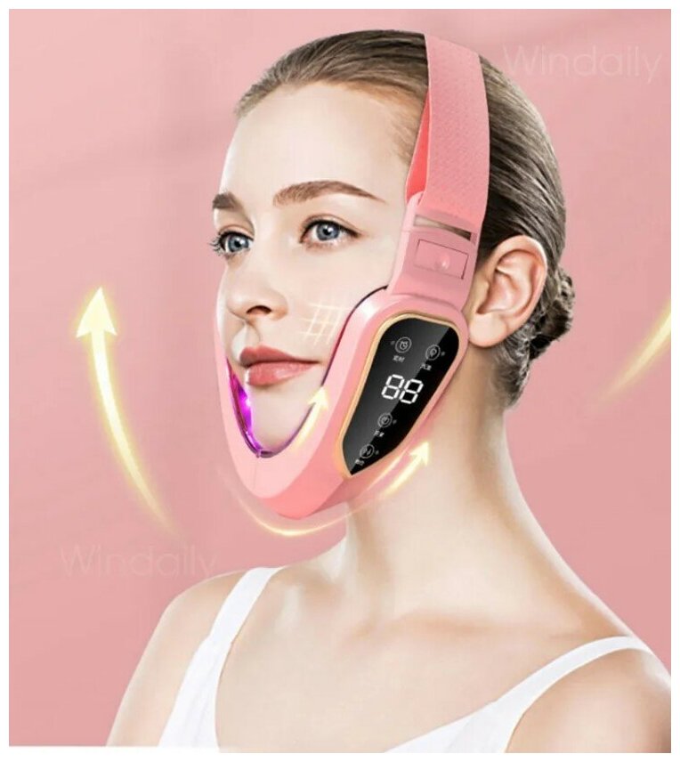 Светодиодный лифтинг массажер для лица, для подтяжки щек и лица / Микротоковый фотонный бандаж розовый - фотография № 2