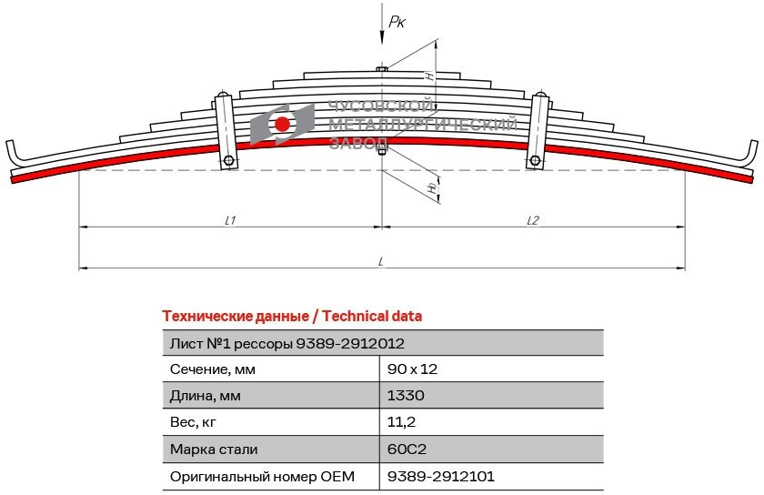 Лист №1 Рессора задняя для прицепа МАЗ 9389, 93866 10 листов