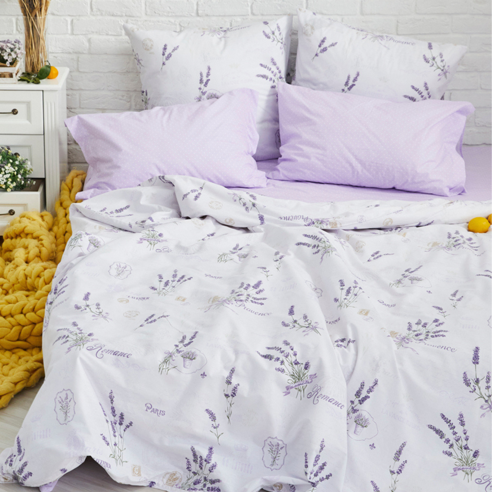 Постельное белье евро COZY HOME "Lavender", перкаль (хлопок), 50х70 - 2 шт, 70х70 - 2 шт, белый/сиреневый, горошек/лаванда