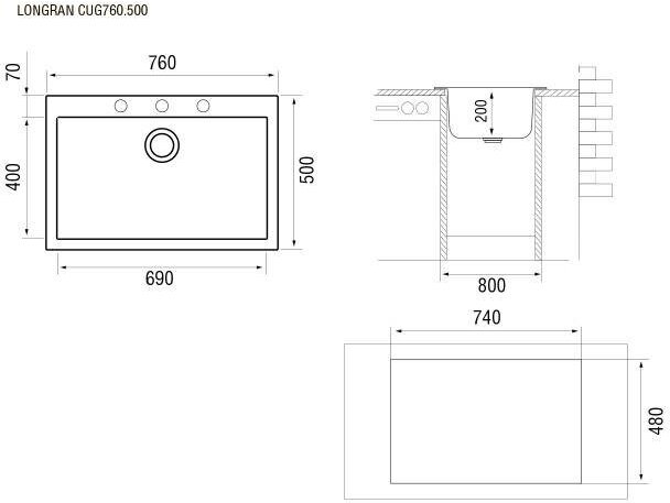 Врезная кухонная мойка 50 см, Longran Cube CUG 760.500, alpina/07 - фотография № 2