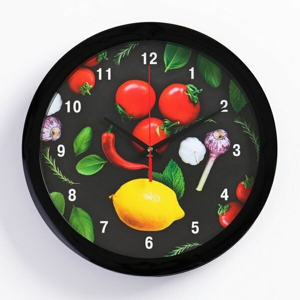 Часы настенные, d-28 см, кухонные "Овощи на черном фоне", бесшумные