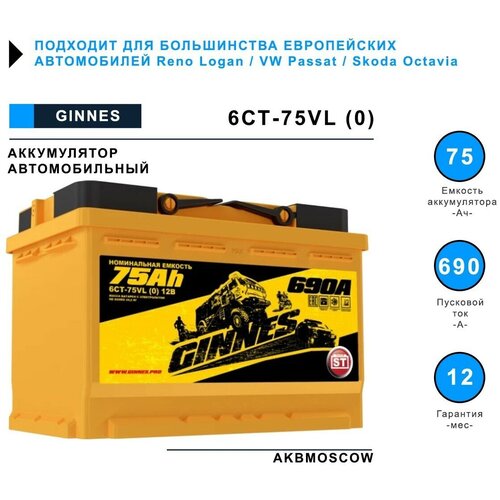 Аккумулятор автомобильный GINNES 6СТ-75.0