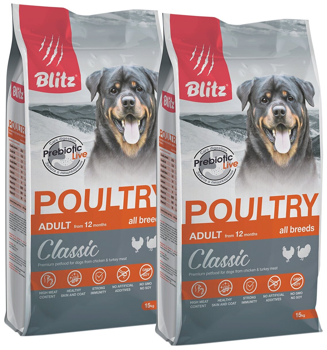 BLITZ CLASSIC ADULT ALL BREEDS POULTRY для взрослых собак всех пород с птицей (15 + 15 кг)