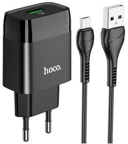 Сетевой адаптер питания Hoco C72Q Glorious Black зарядка QC3.0 18W USB-порт + кабель microUSB, черный