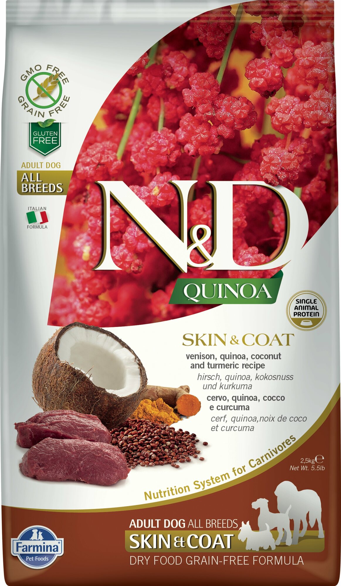 Farmina N&D Quinoa Dog Grain Free Skin & Coat сухой беззерновой корм для взрослых собак для кожи и шерсти с олениной и киноа - 2,5 кг