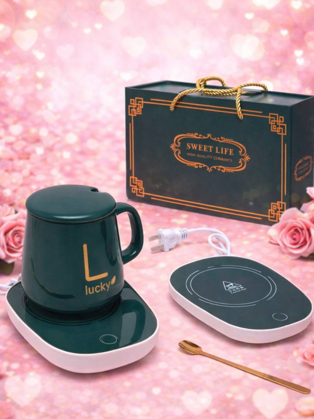 Кружка с подогревом "Giftmania", фарфор, белая, с ложкой и подставкой, 350 мл