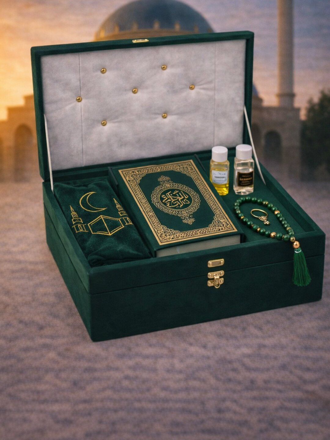 Религиозный набор для молитвы арабский Коран, коврик для намаза, четки, зам зам, в подарочной коробке - Зеленый